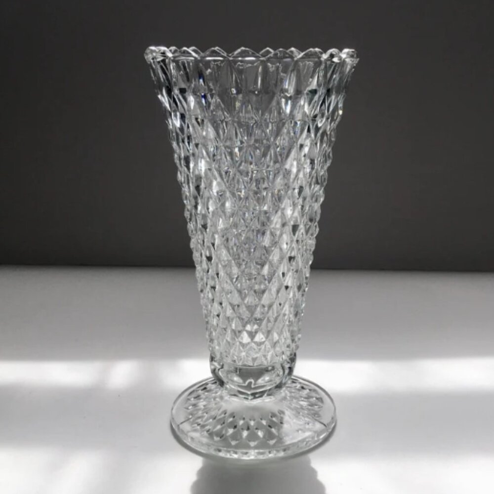Vintage Indiana Glass Diamond Point Pattern Flower Vase 8" Tall Clear